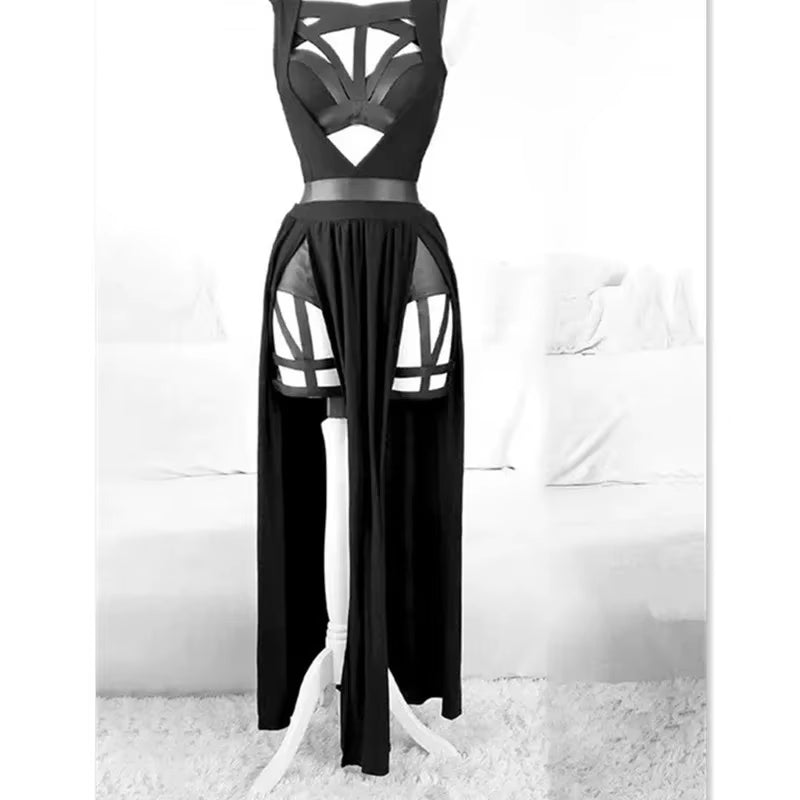 2023 Retro Gothic Club Sexy Summer Skirt Set Women Sleeveless Black Corset Crop Top Bandage Underpants Mesh Split Skirt 3Pcs Set
