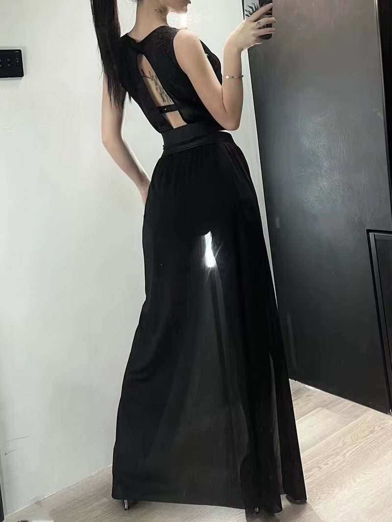 2023 Retro Gothic Club Sexy Summer Skirt Set Women Sleeveless Black Corset Crop Top Bandage Underpants Mesh Split Skirt 3Pcs Set