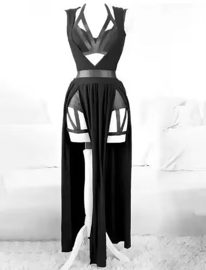 2023 Retro Gothic Club Sexy Summer Skirt Set Women Sleeveless Black Corset Crop Top Bandage Underpants Mesh Split Skirt 3Pcs Set