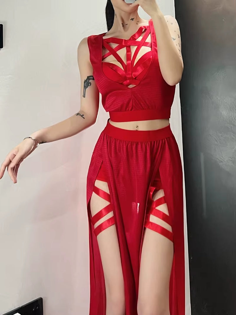 2023 Retro Gothic Club Sexy Summer Skirt Set Women Sleeveless Black Corset Crop Top Bandage Underpants Mesh Split Skirt 3Pcs Set