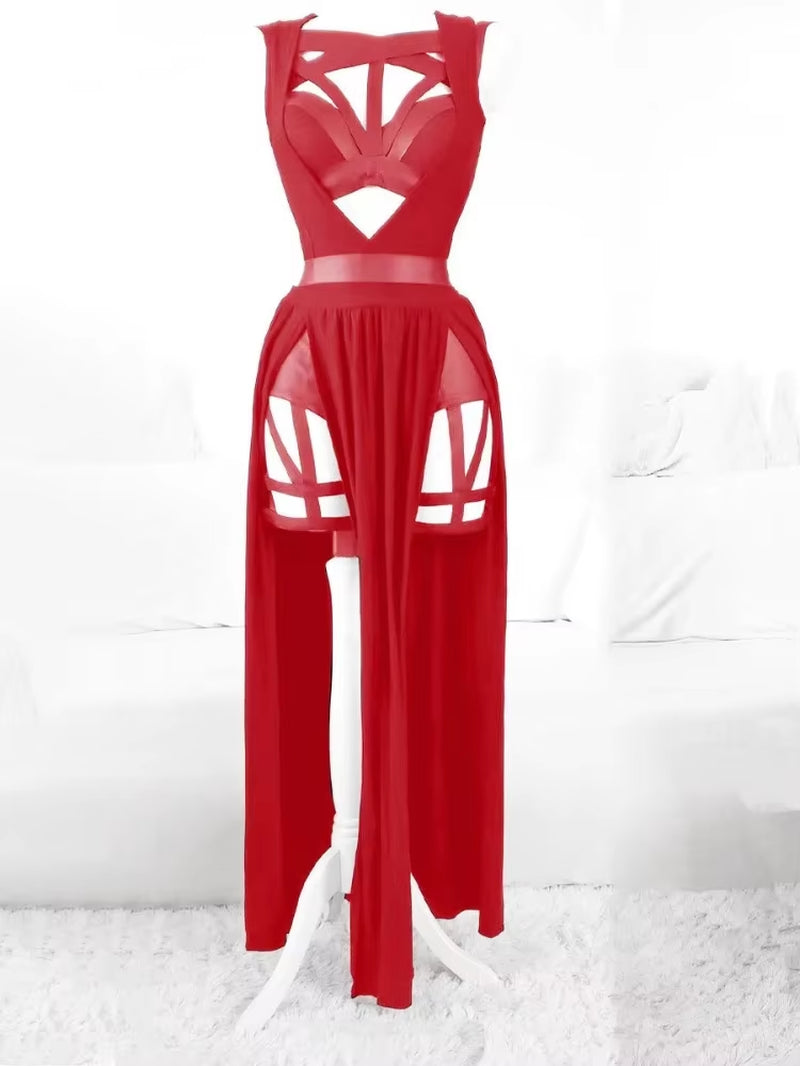 2023 Retro Gothic Club Sexy Summer Skirt Set Women Sleeveless Black Corset Crop Top Bandage Underpants Mesh Split Skirt 3Pcs Set