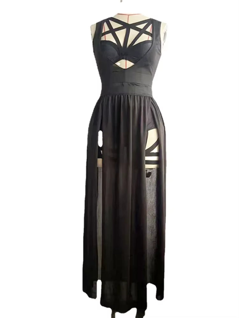 2023 Retro Gothic Club Sexy Summer Skirt Set Women Sleeveless Black Corset Crop Top Bandage Underpants Mesh Split Skirt 3Pcs Set