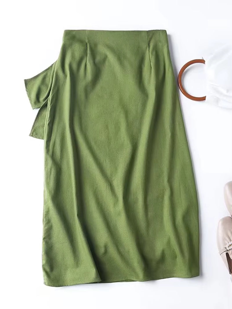 2022 New Women Green Linen Cotton Wrap Midi Skirt Vintage Ladies High Waist Summer Faldas Mujer