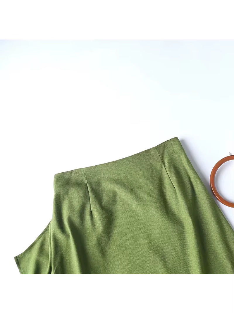 2022 New Women Green Linen Cotton Wrap Midi Skirt Vintage Ladies High Waist Summer Faldas Mujer