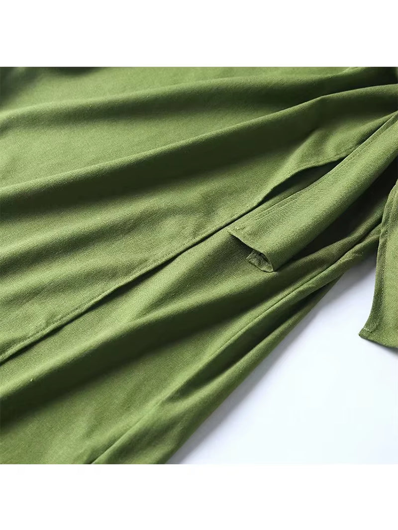 2022 New Women Green Linen Cotton Wrap Midi Skirt Vintage Ladies High Waist Summer Faldas Mujer