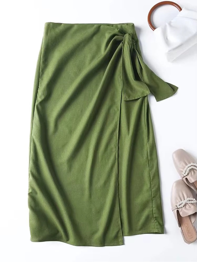 2022 New Women Green Linen Cotton Wrap Midi Skirt Vintage Ladies High Waist Summer Faldas Mujer