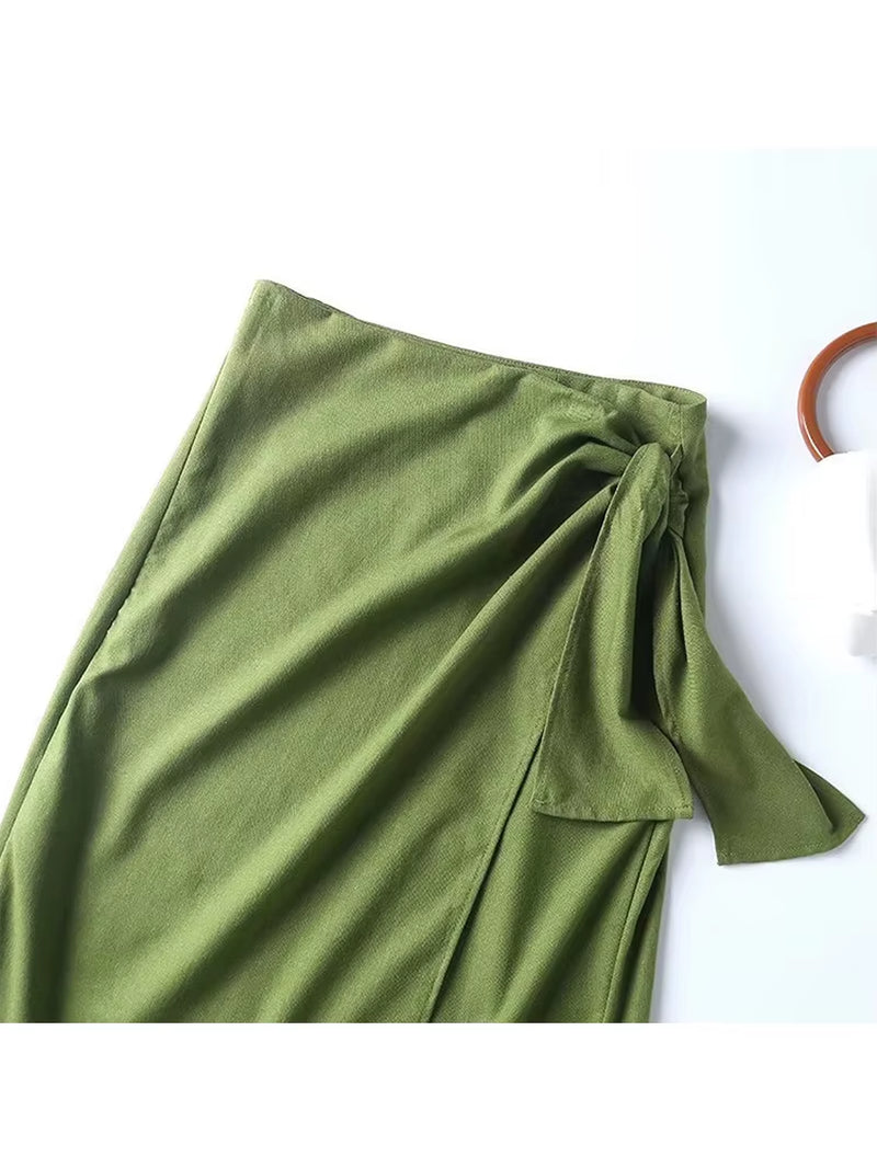 2022 New Women Green Linen Cotton Wrap Midi Skirt Vintage Ladies High Waist Summer Faldas Mujer